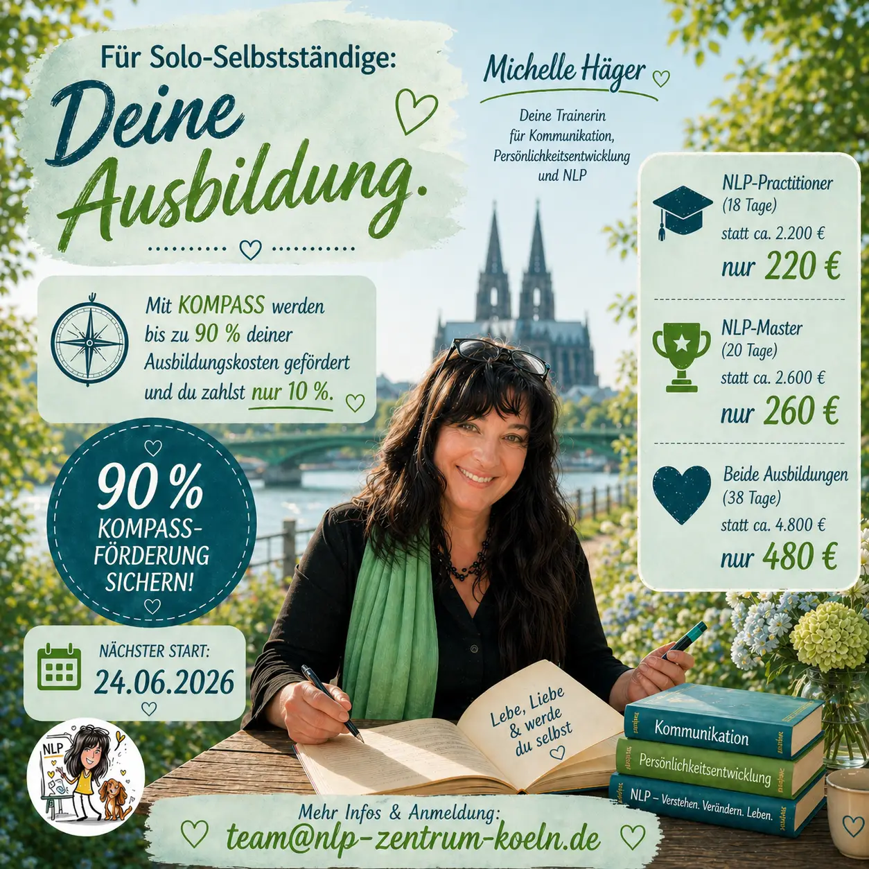 Deine NLP-Trainerin Michelle Häger in schöner Umgebung vor dem Kölner Dom. Sie stellt die Kompass-Förderung vor, mit der Soloselbstständige bis zu 90 % sparen.
